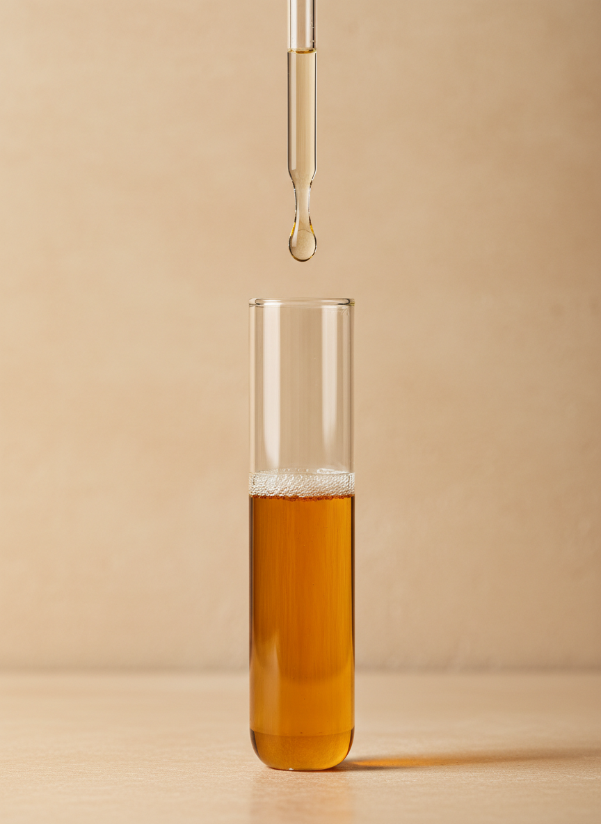 Glass pipette releasing a single drop above a test tube of golden liquid