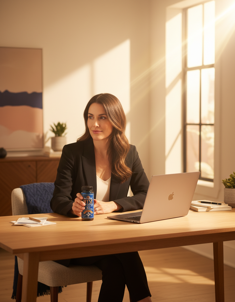 A focused professional working at her desk, holding a Wyse nootropic shot