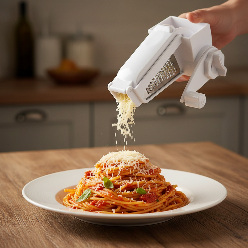TwistGrate™  2-Drum Stainless Steel Grater in use in a home kitchen