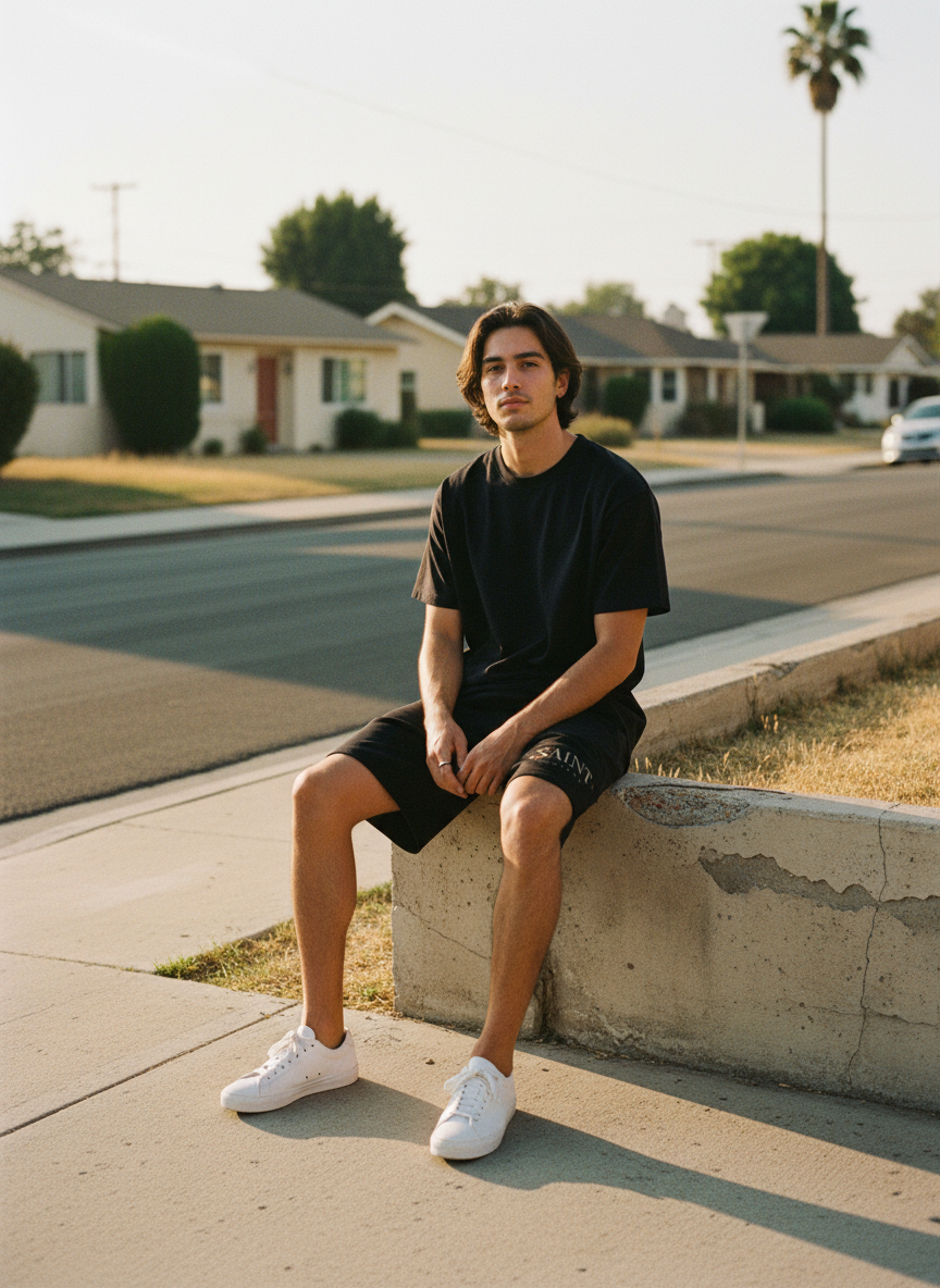 Prayer Fleece Shorts worn on a quiet residential street