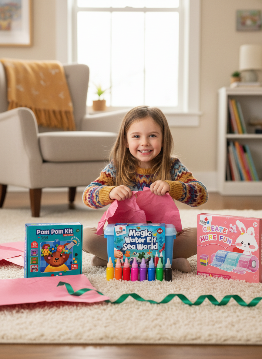 Kislány bontja ki a POMPOM Kit, Magic Water Elf és NANO készleteket tartalmazó ajándékot
