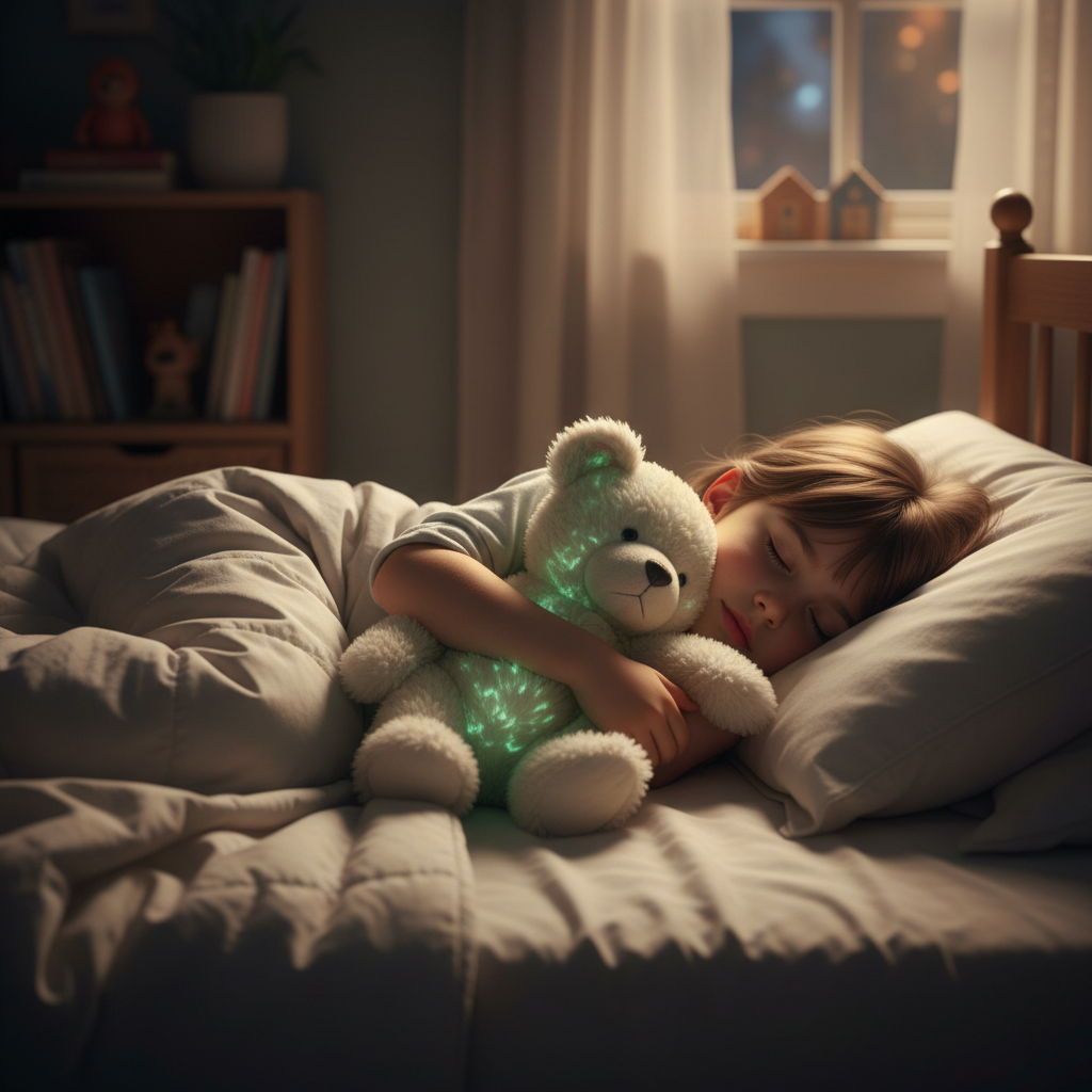 A child asleep cuddling the bear as its glow fades