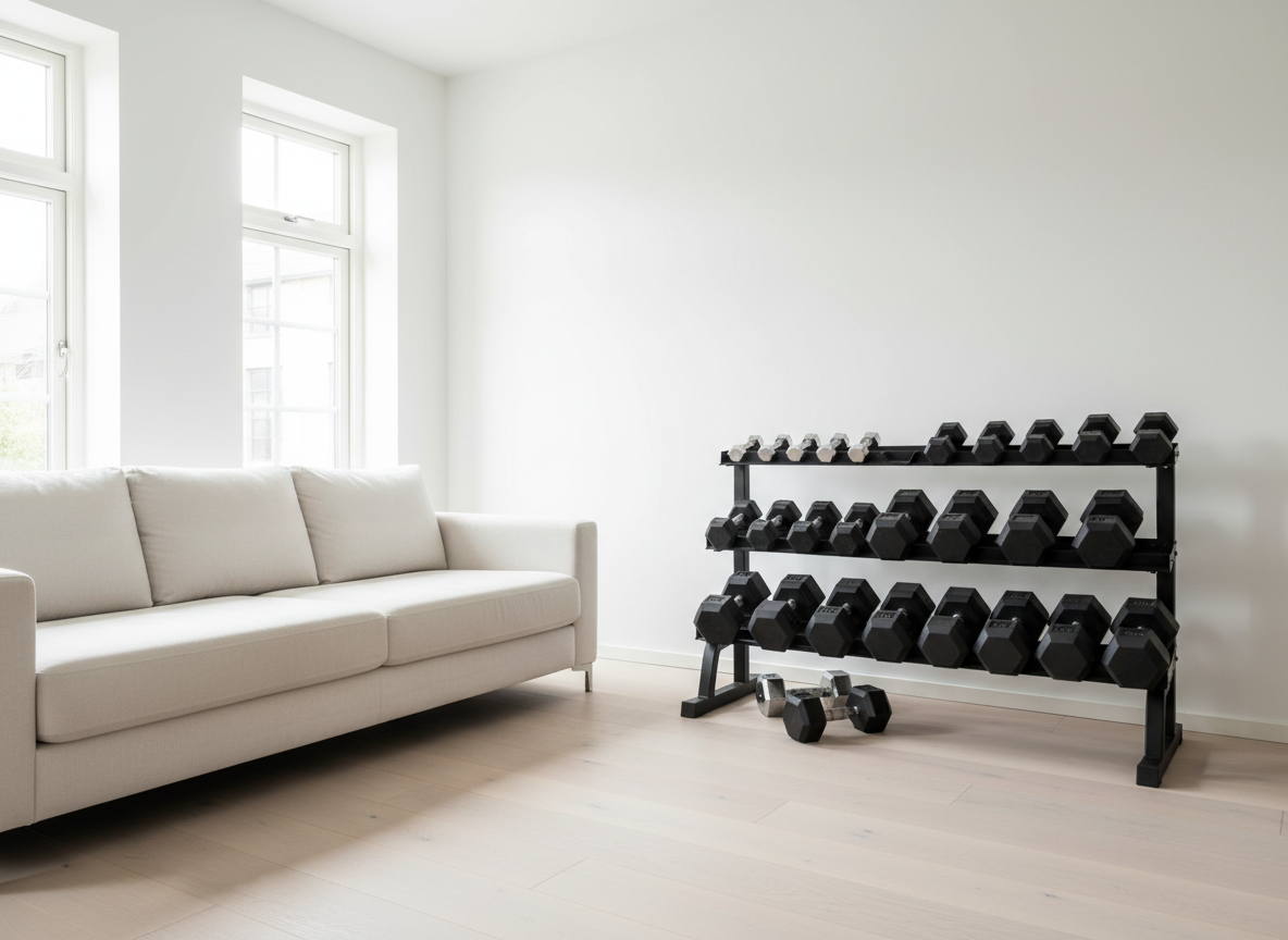A six-foot rack of 10 pairs of regular dumbbells taking up a whole wall of a living room