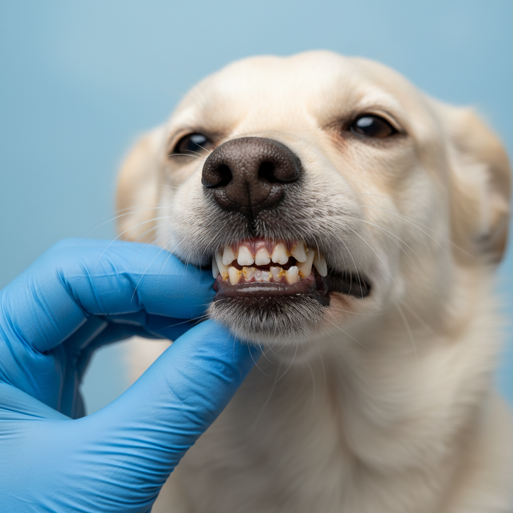 Prima: denti del cane gialli con tartaro alla base