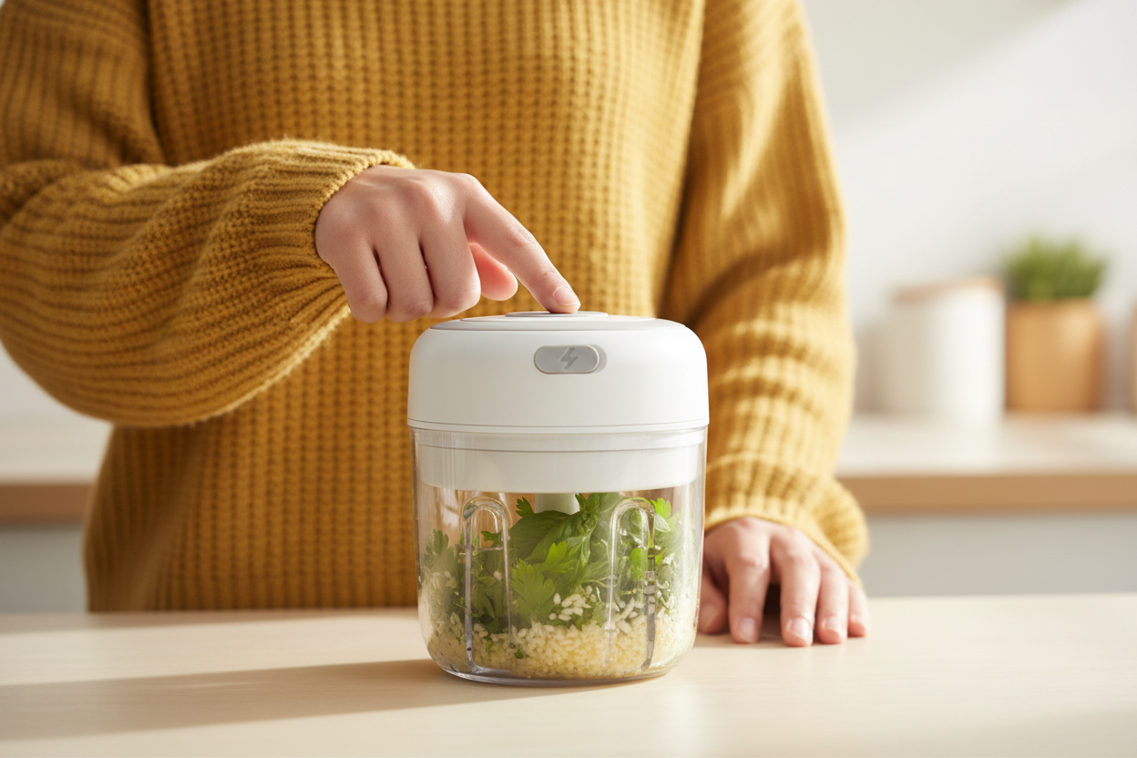 Person in a yellow sweater using an electric mini chopper filled with garlic and herbs