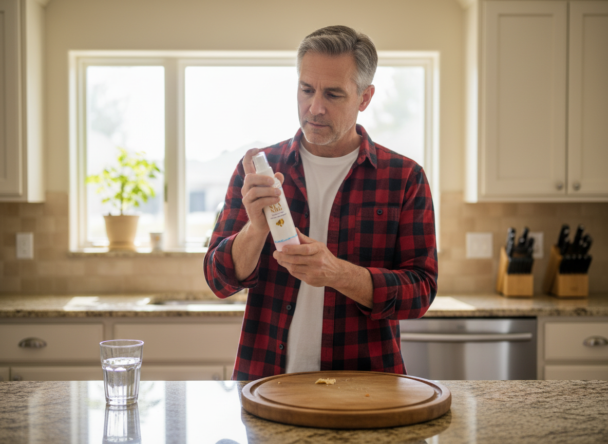 A man in a flannel shirt reading the SEA NRG label at his kitchen island