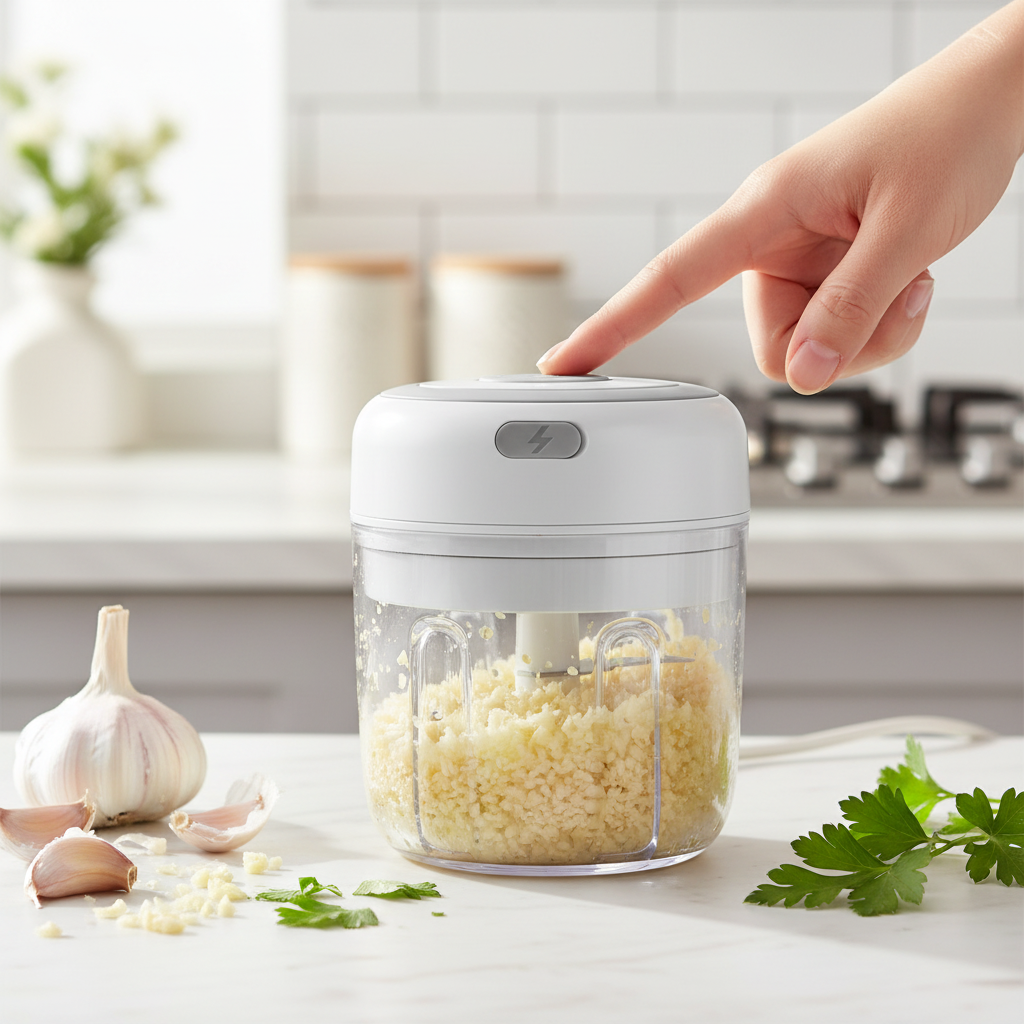 Crushio™ – Electric Garlic & Food Chopper in use in a home kitchen
