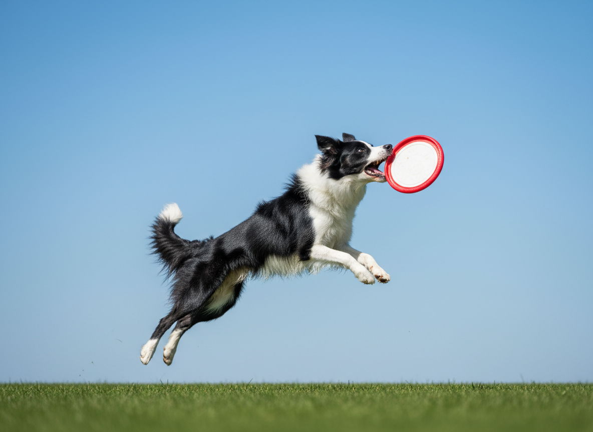 Border Collie fängt im Sprung eine Frisbee