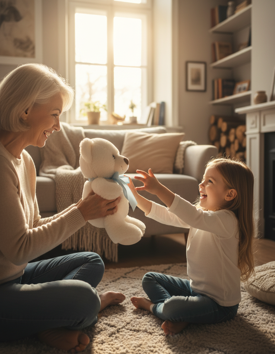 A grandmother giving the bear to her granddaughter