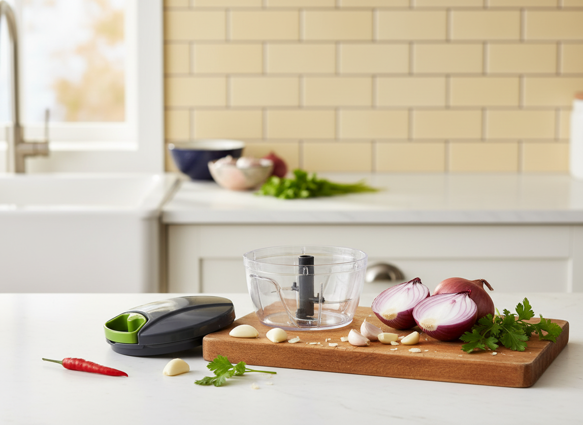 Bright kitchen counter with a pull-string chopper beside fresh garlic, onions and herbs