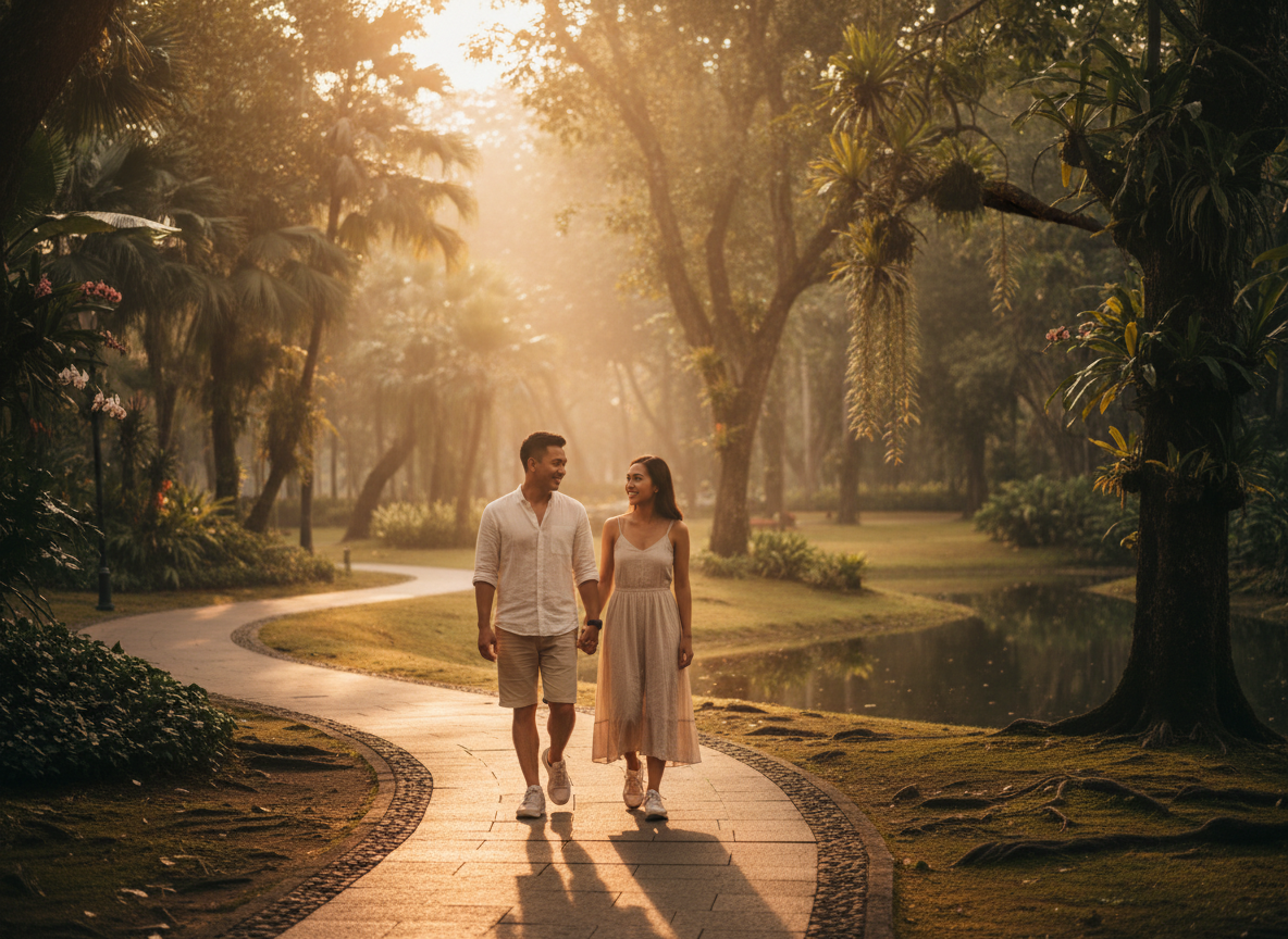 Couple walking through a lush tropical park in the morning