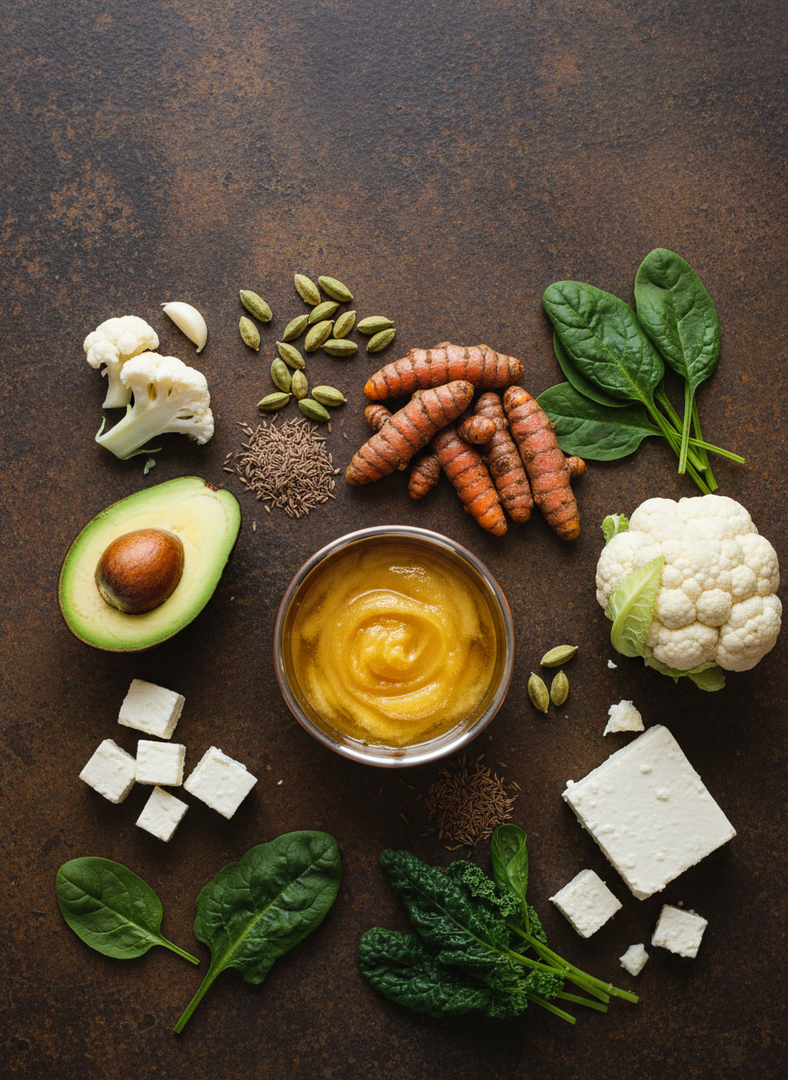 Ayurvedic spices, greens and ghee in a copper bowl — cover art for the Ayurvedic Vegetarian Keto e-book