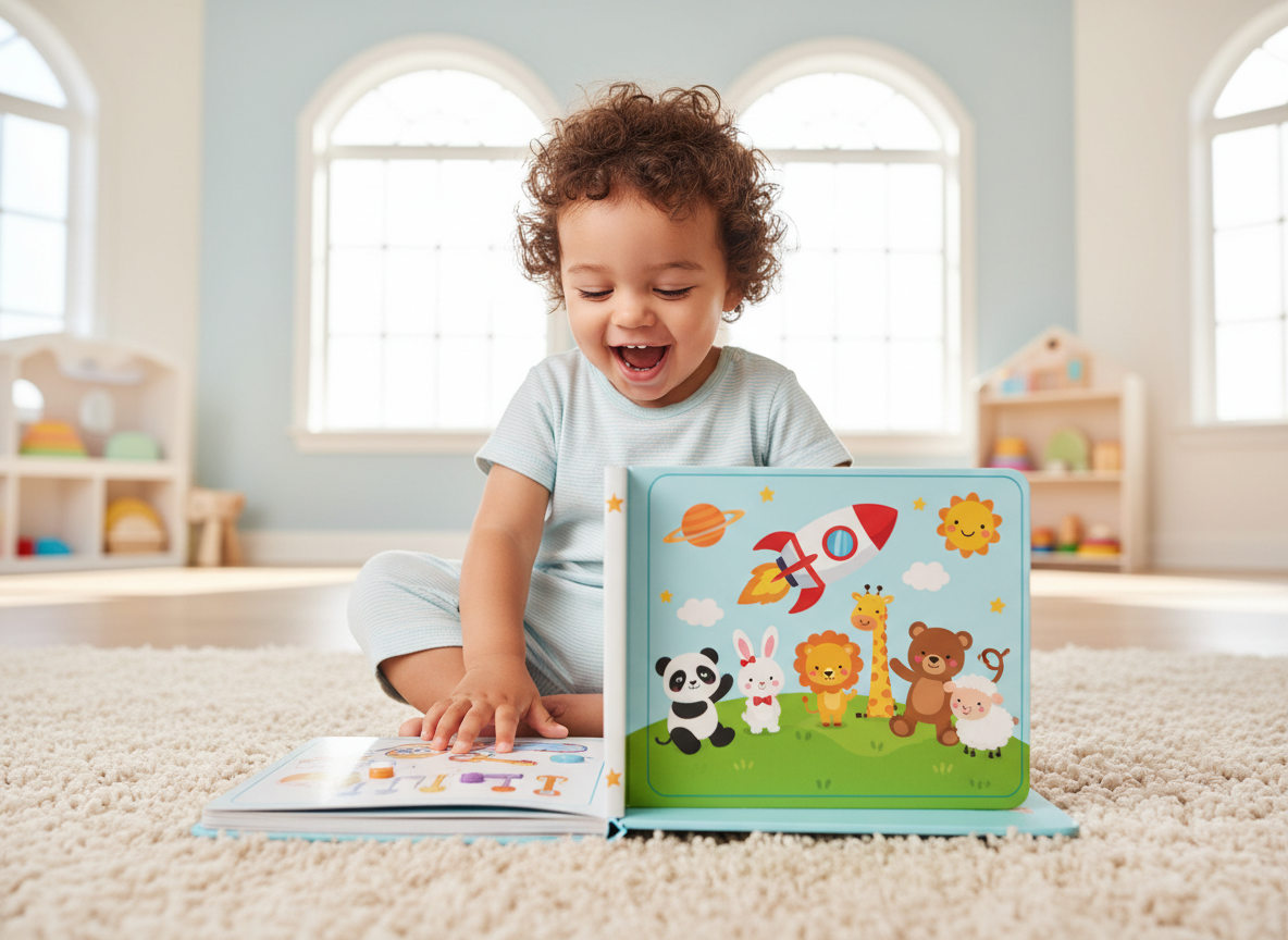 Laughing toddler playing with a colorful Learn & Play musical sound book