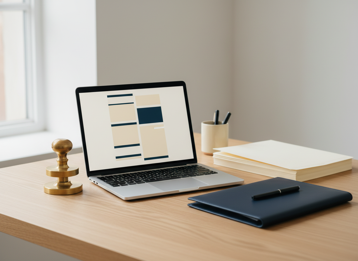 An organized business desk with an open laptop, a brass embossing seal, a navy leather portfolio and neat cream folders