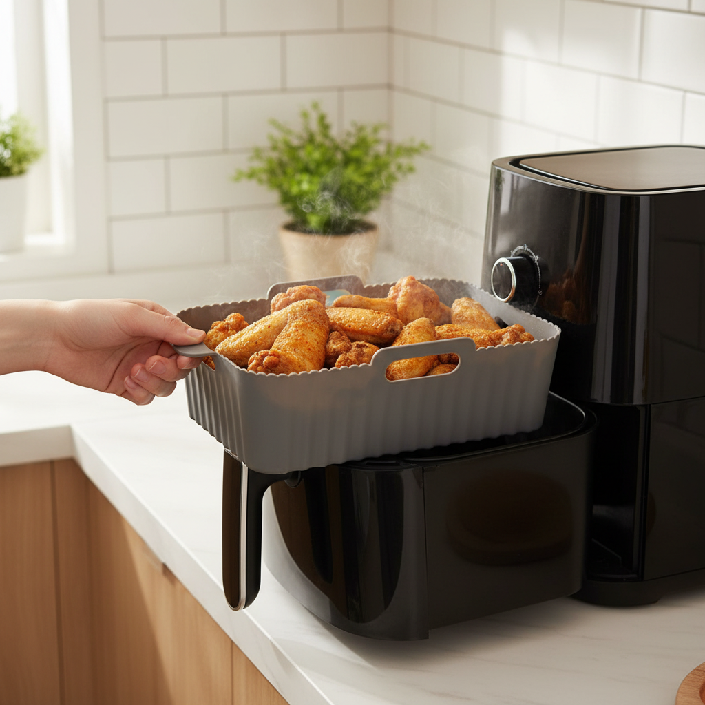 HeatForm™ – Non-Stick Silicone Air Fryer Basket in use in a home kitchen
