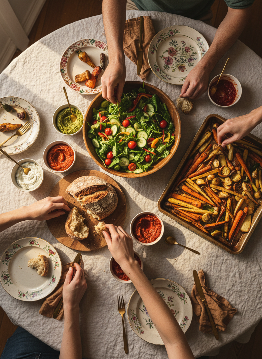 Home-cooked dinner table with salad, roasted vegetables and bread