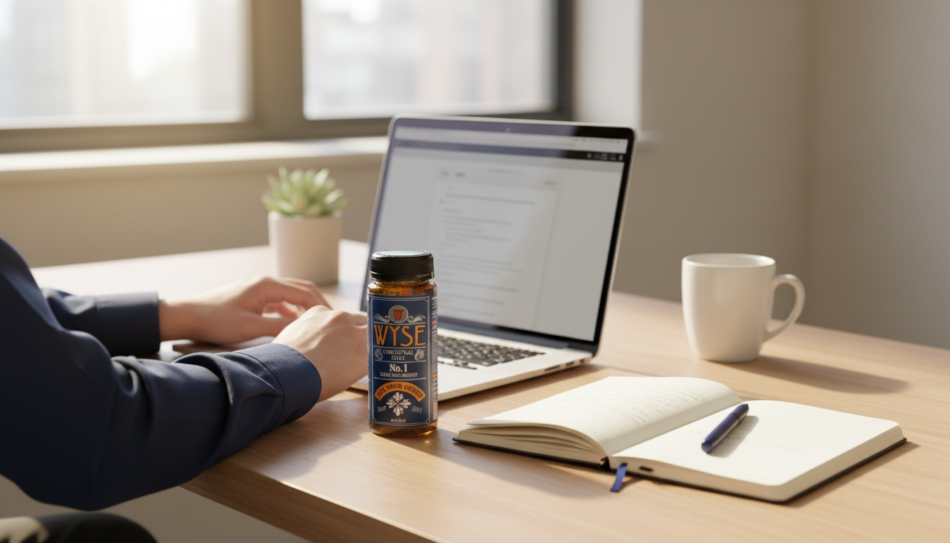 A sunlit work desk with a laptop, notebook and a Wyse nootropic shot, a coffee mug pushed aside