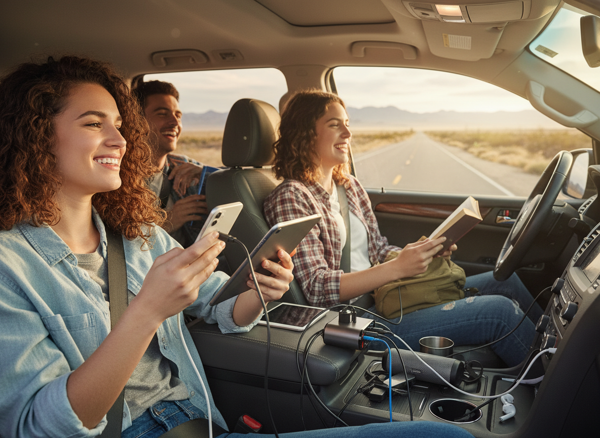 Friends on a road trip charging a phone and tablet from VYBE Charge
