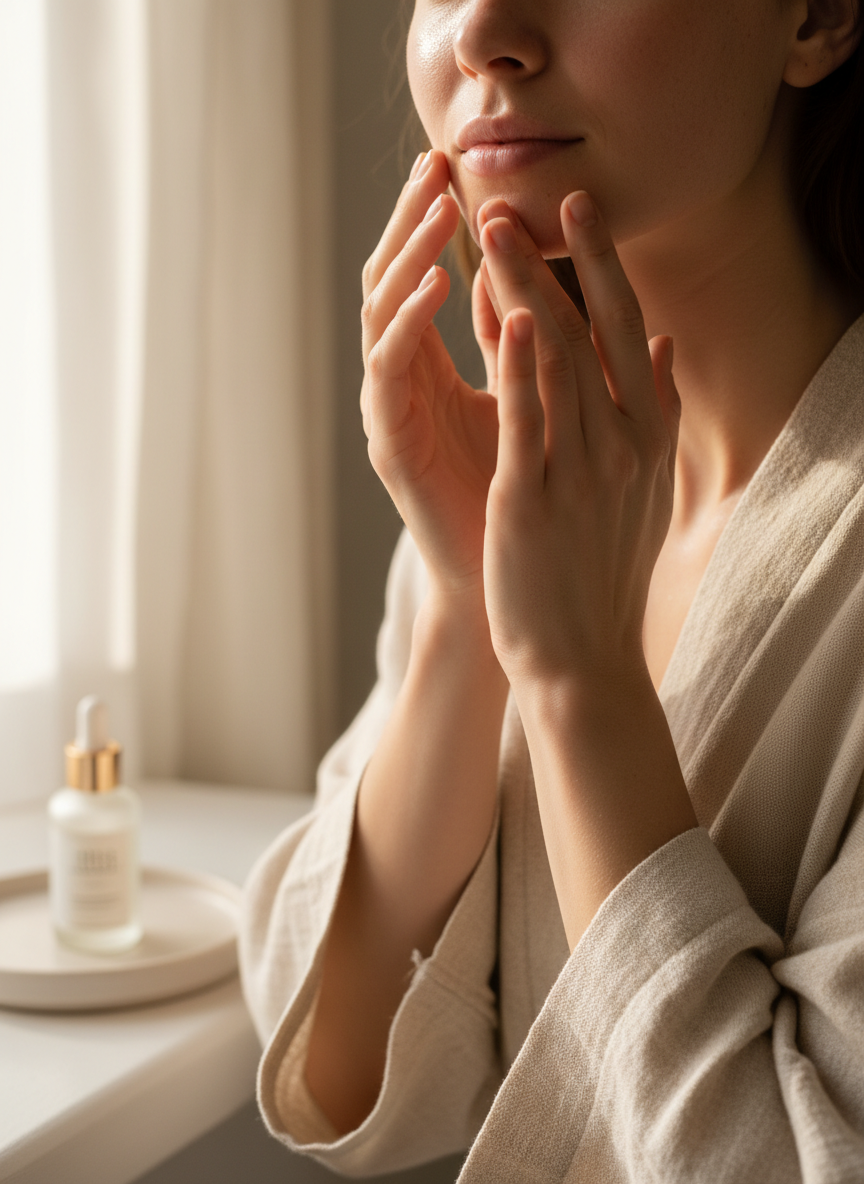 Hands gently pressing serum into the skin in warm window light