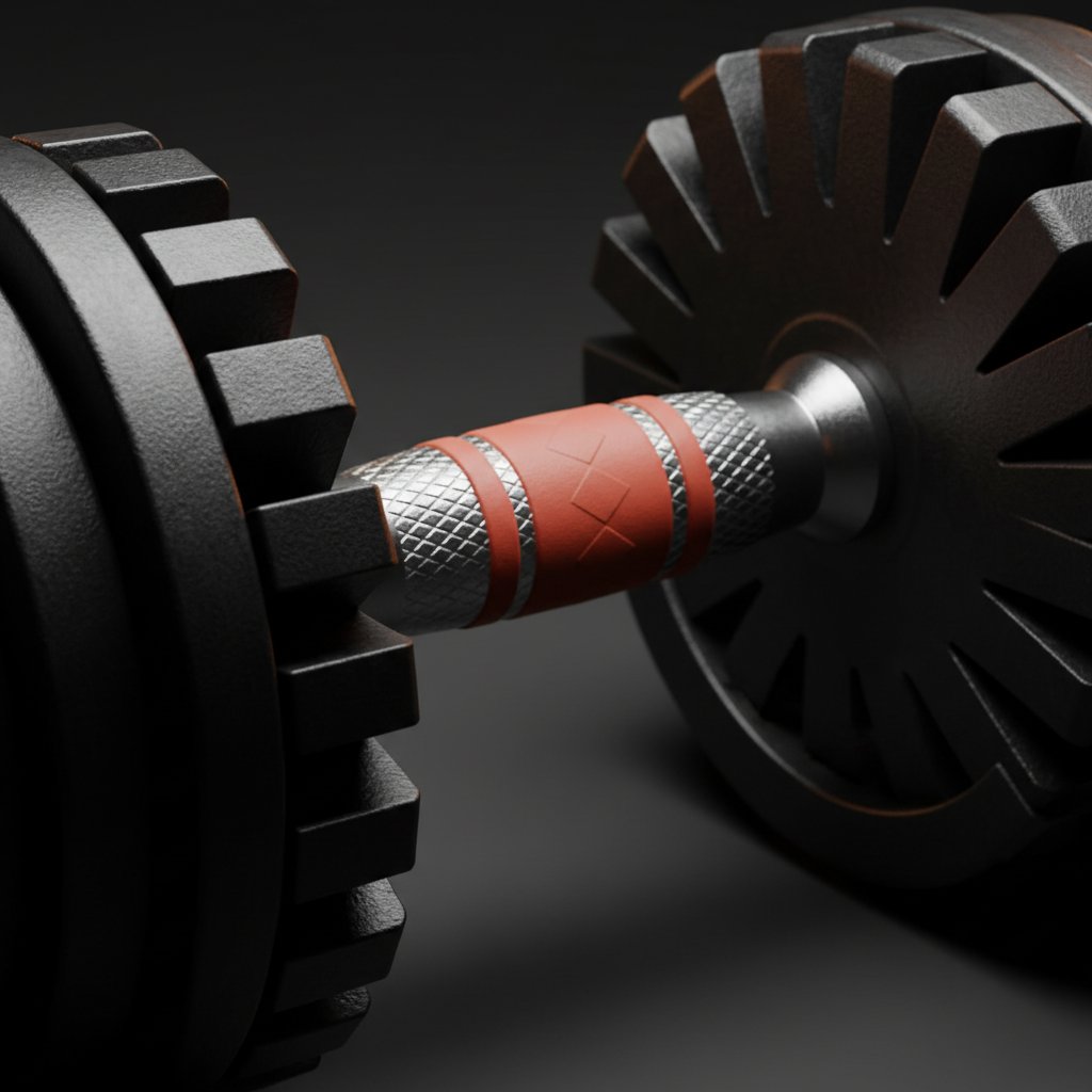 Close-up of the knurled steel handle and weight selector dial