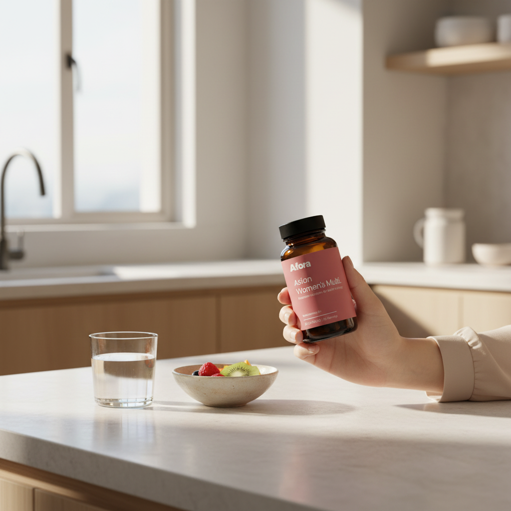 Woman holding an Afora bottle in a bright kitchen