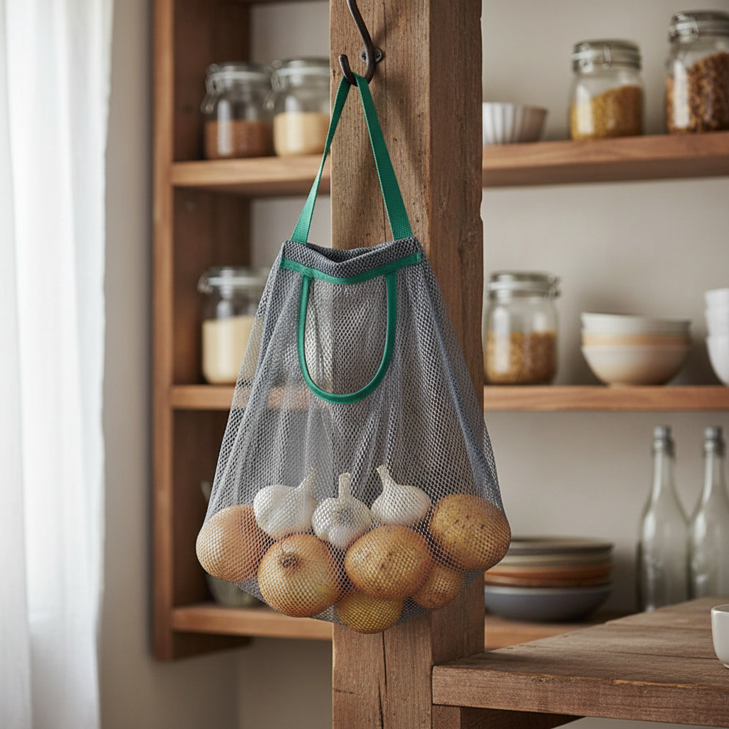 GreenHang™ – Breathable Hanging Storage Bag in use in a home kitchen