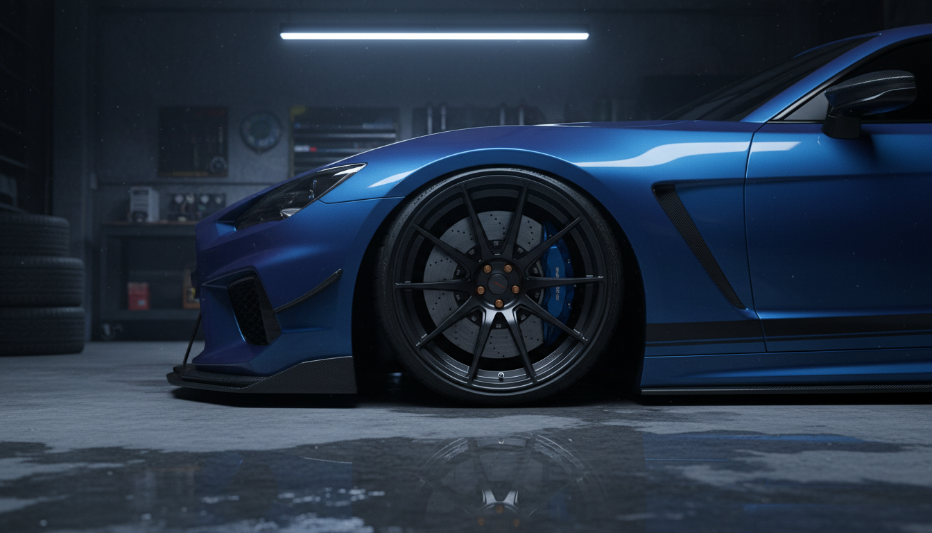 Lowered sports car with custom wheels and carbon fiber parts in a dark garage