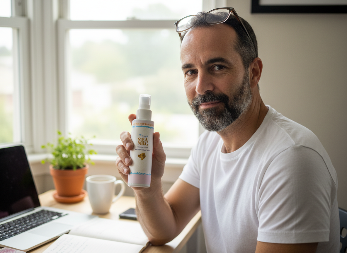 A bearded man in a white t-shirt at his home desk, holding up SEA NRG and smiling at the camera