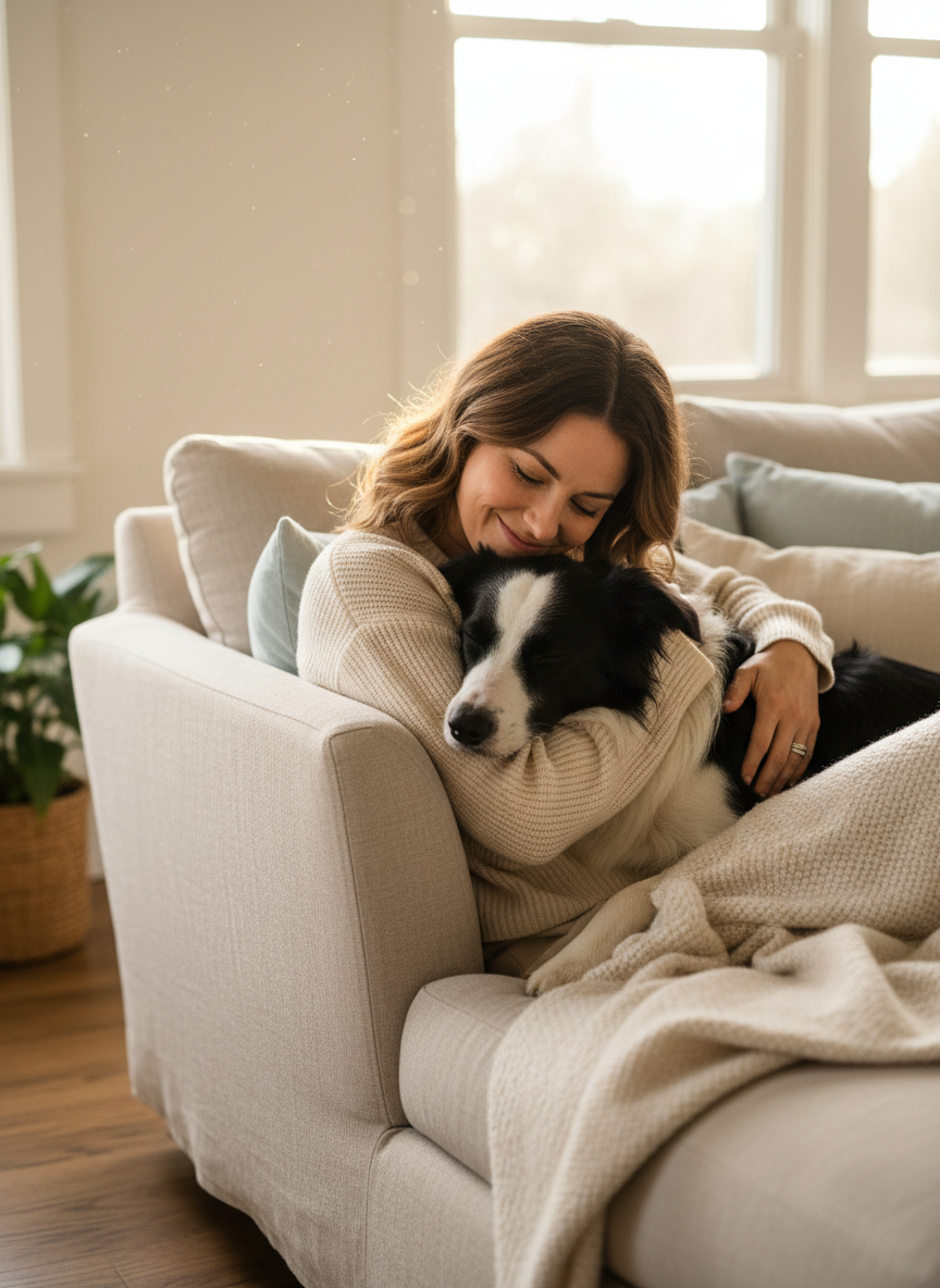 Femme sur le canapé câlinant son border collie, visage contre visage