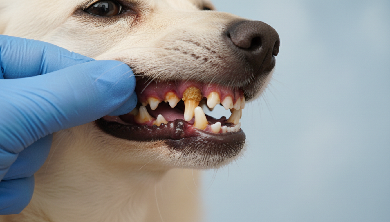Bocca di un cane con tartaro giallo-marrone alla base dei denti, indicato da una freccia rossa, e alito cattivo che esce dalla bocca