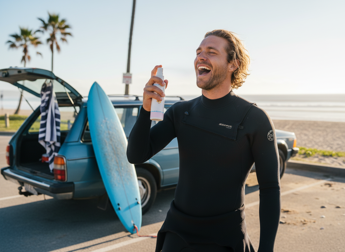 A surfer in a wetsuit spraying SEA NRG by his car at the beach after a morning surf