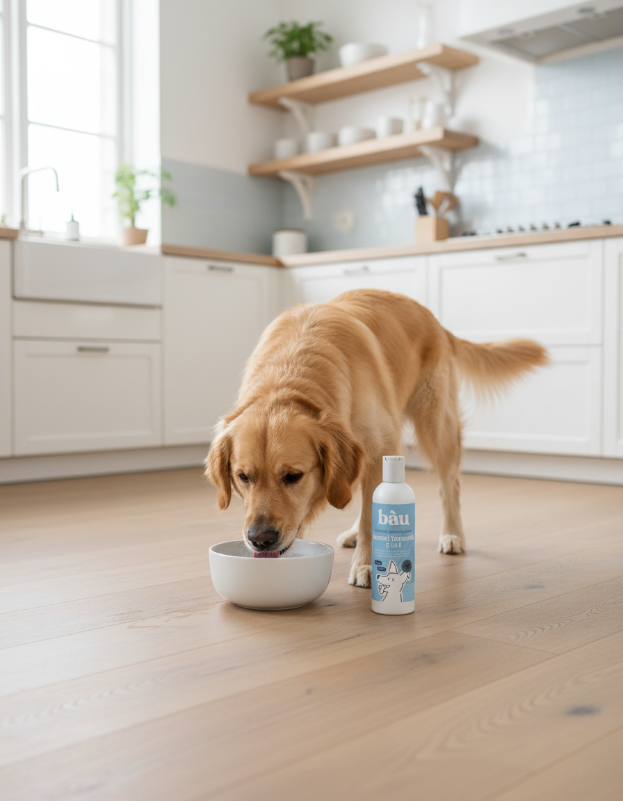 Golden retriever buvant dans sa gamelle d'eau à côté du flacon de Dental Formula 5 en 1