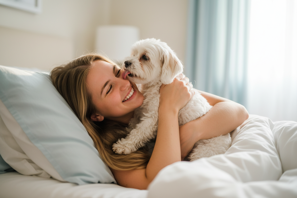 Donna sorridente che abbraccia il suo cane