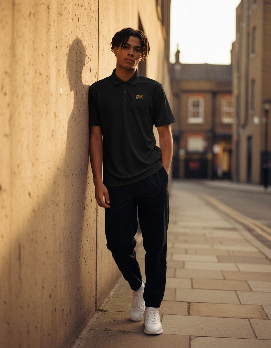Man wearing the GT4L Adidas Premium Polo Shirt in golden evening light