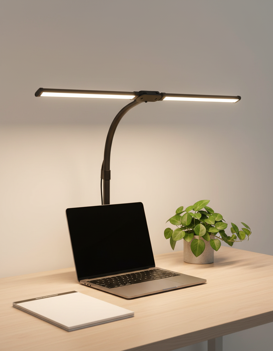 Rova dual-head desk lamp lighting a home office desk at night