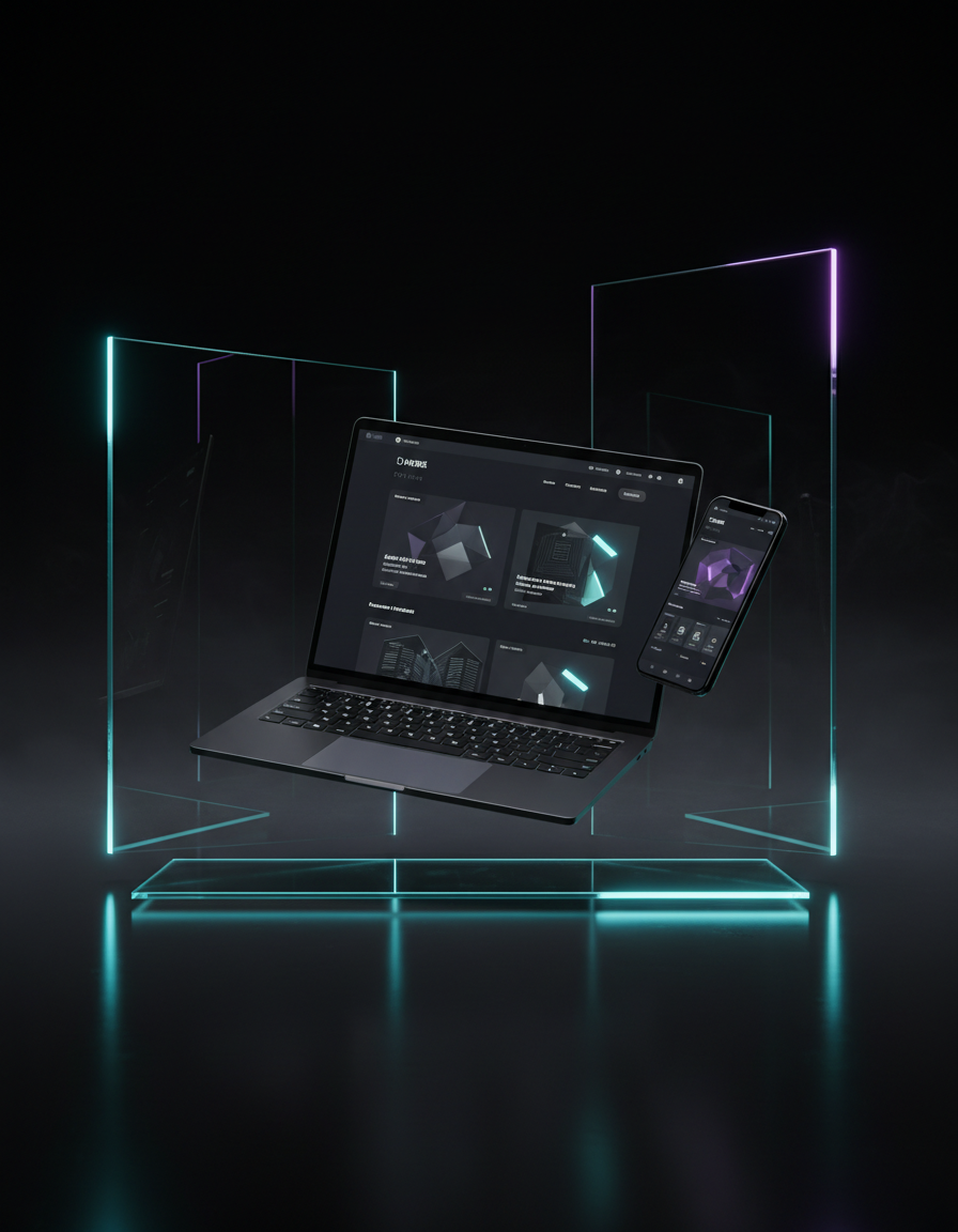 Laptop and smartphone showing a premium dark-mode e-commerce website lit by cyan and violet neon