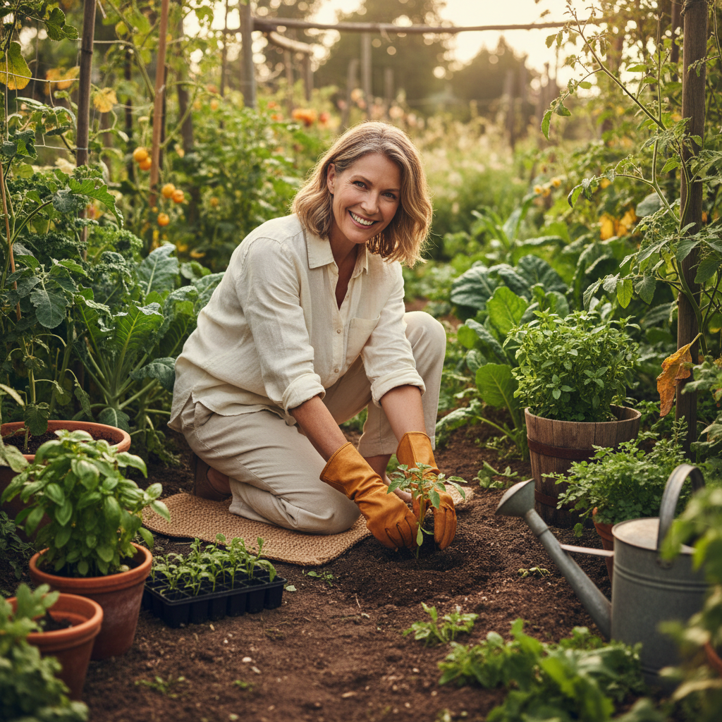 Woman around sixty kneeling comfortably while planting seedlings in her garden