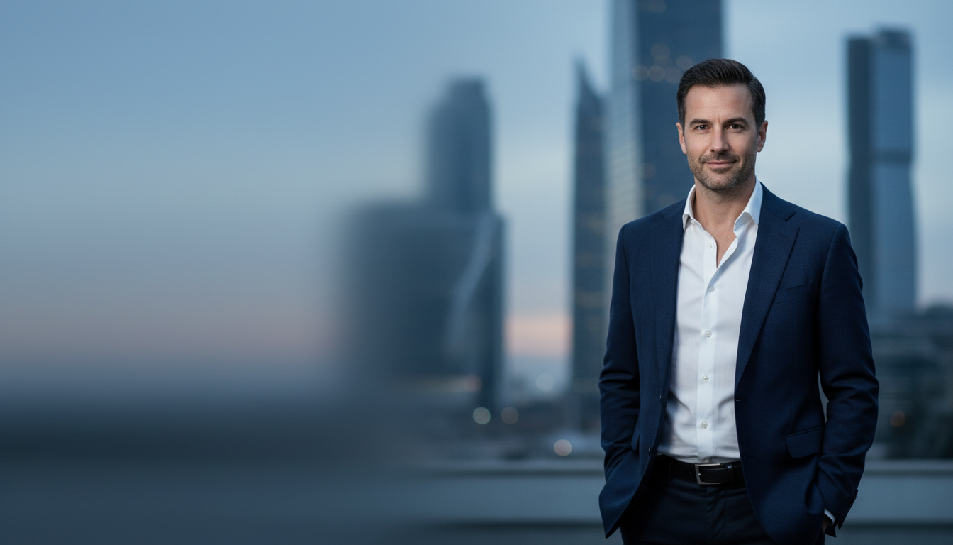 Man in a tailored navy blazer in front of a city skyline