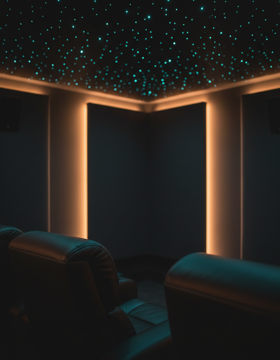 Dedicated home cinema with fabric acoustic panels, a star ceiling and leather recliners