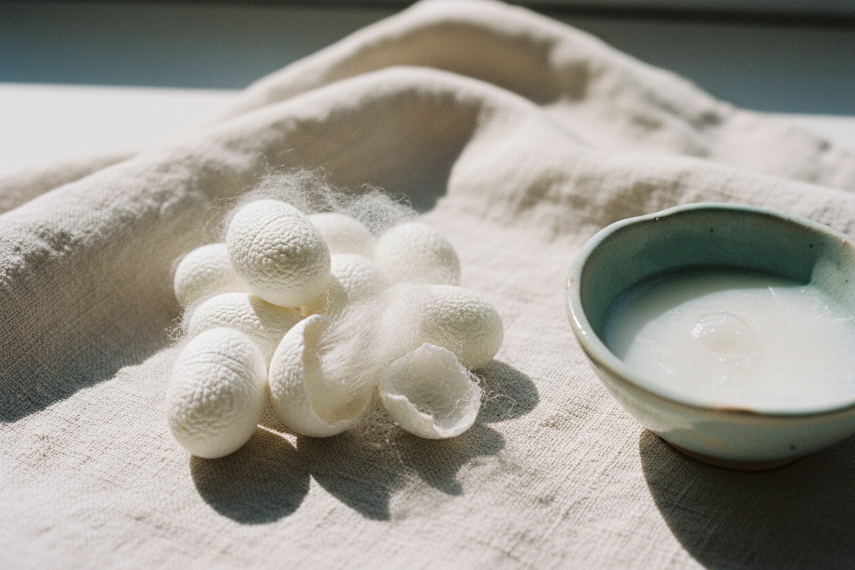 Natural silk cocoons and raw silk threads beside a pool of pearly toner