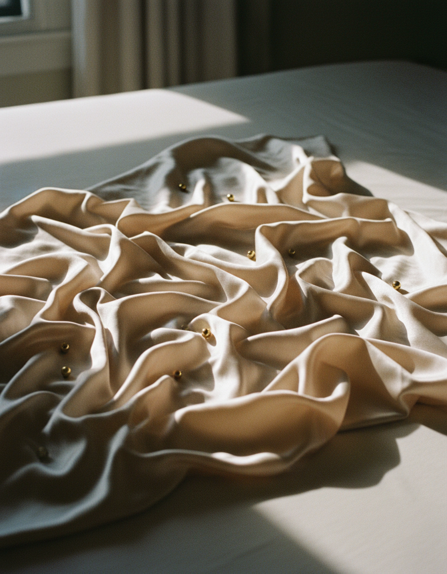 Draped champagne silk with golden ceramide pearls