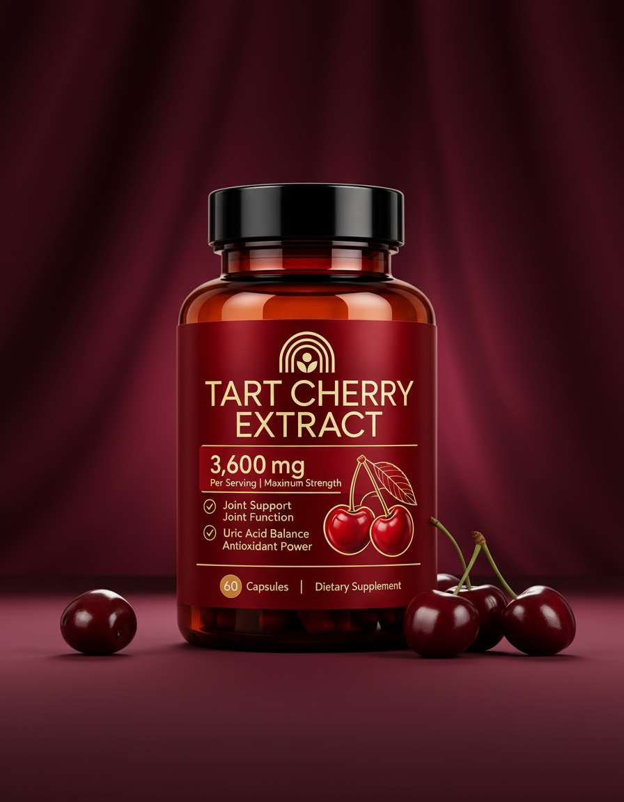 Vessara Tart Cherry Extract bottle with fresh tart cherries on a deep burgundy backdrop