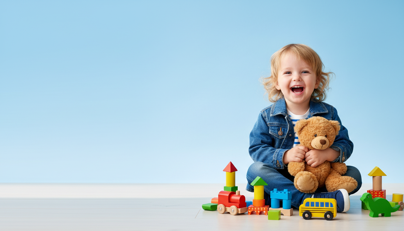 Smiling child with a teddy bear and wooden toys