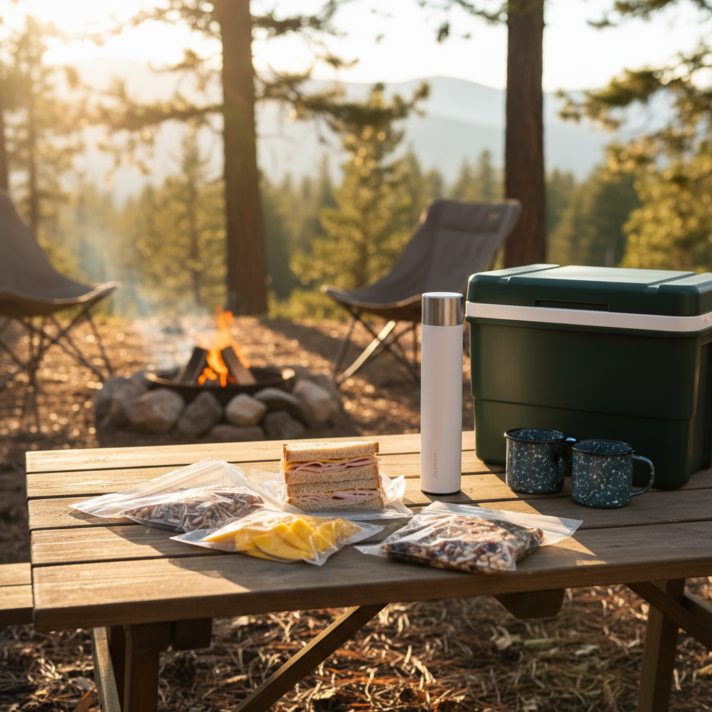 Handheld vacuum sealer and sealed snacks on a camping picnic table