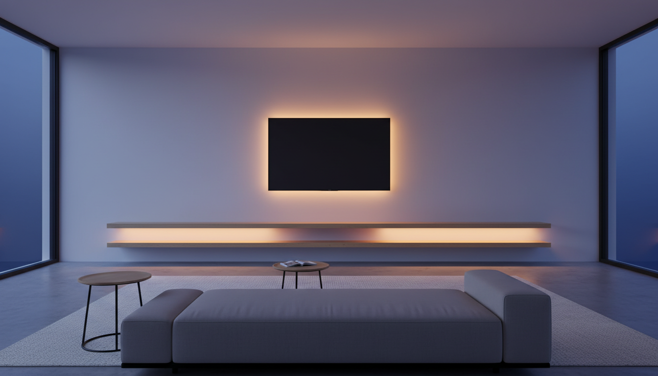 Minimal living room at dusk with warm LED strip light glowing behind the TV and along floating shelves