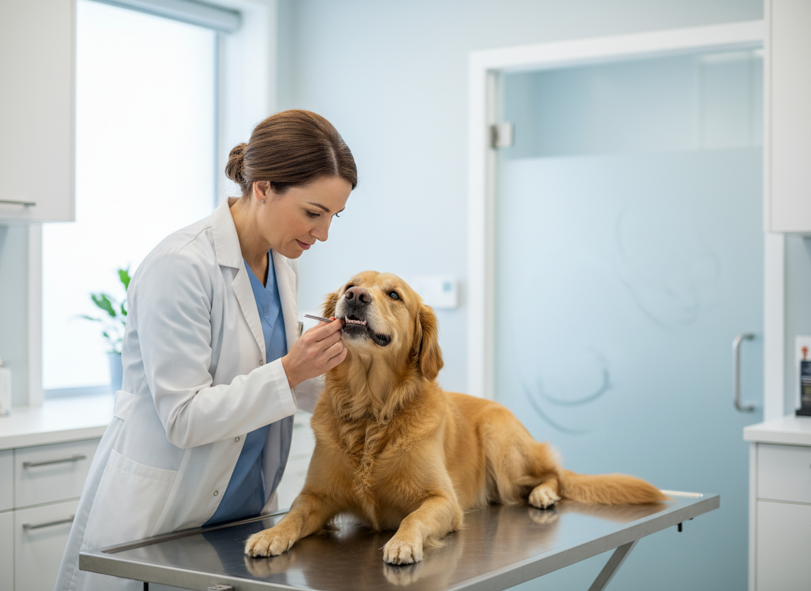 Veterinario che controlla i denti di un cane in ambulatorio