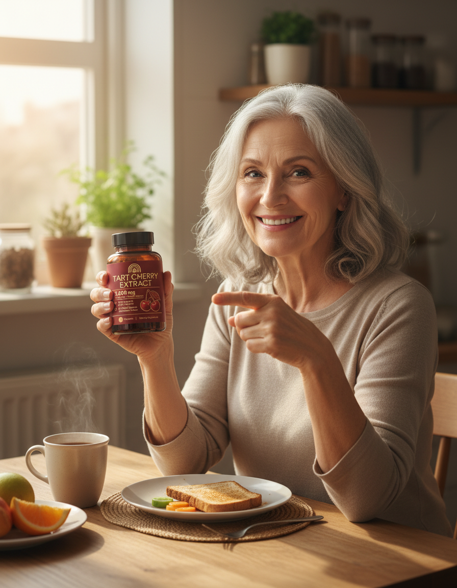 Woman in her sixties at her kitchen table holding a bottle of Vessara Tart Cherry Extract
