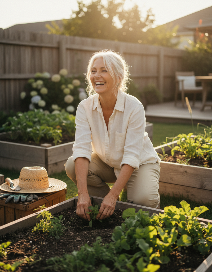 A woman in her sixties kneeling in her vegetable garden, planting seedlings and laughing