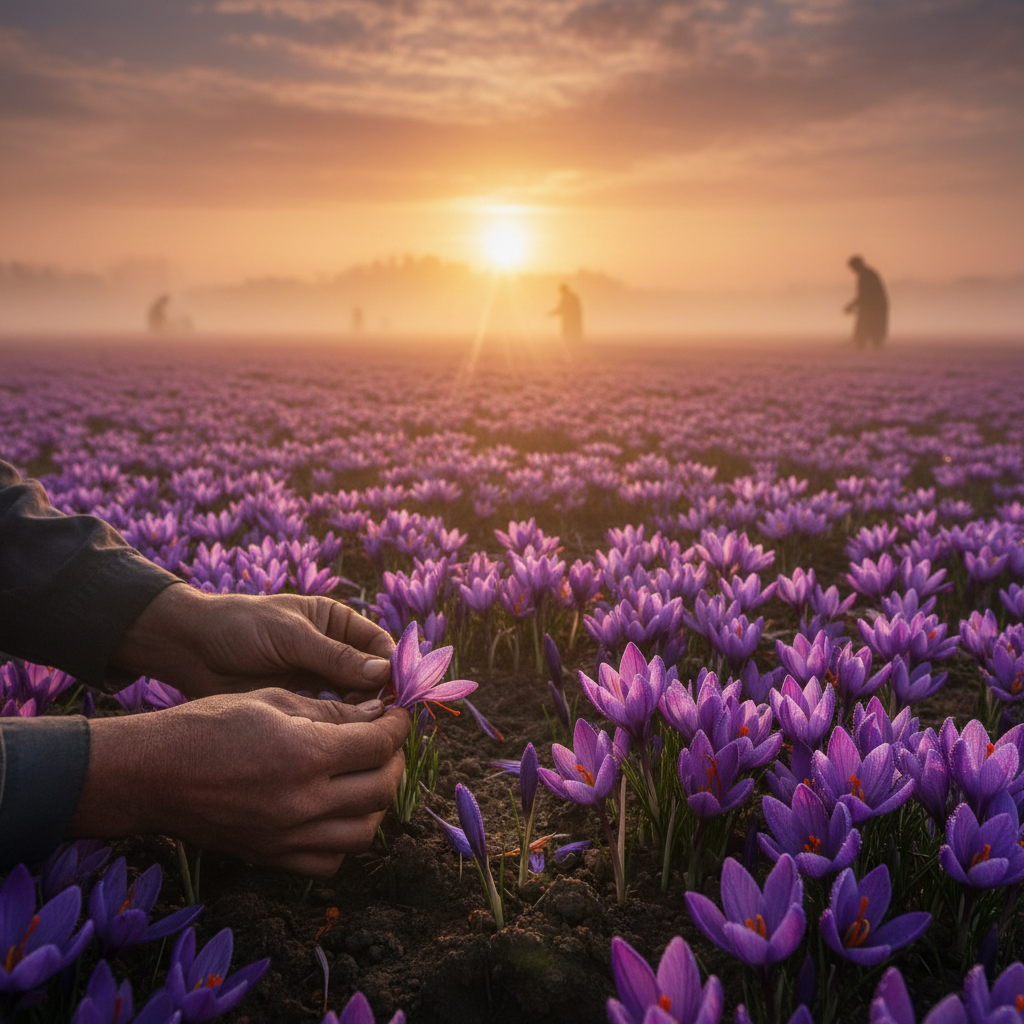 Saffron crocus flowers being hand-picked at sunrise