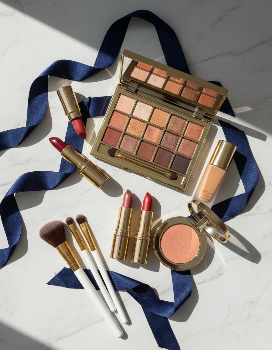 Paleta de sombras, labiales y brochas